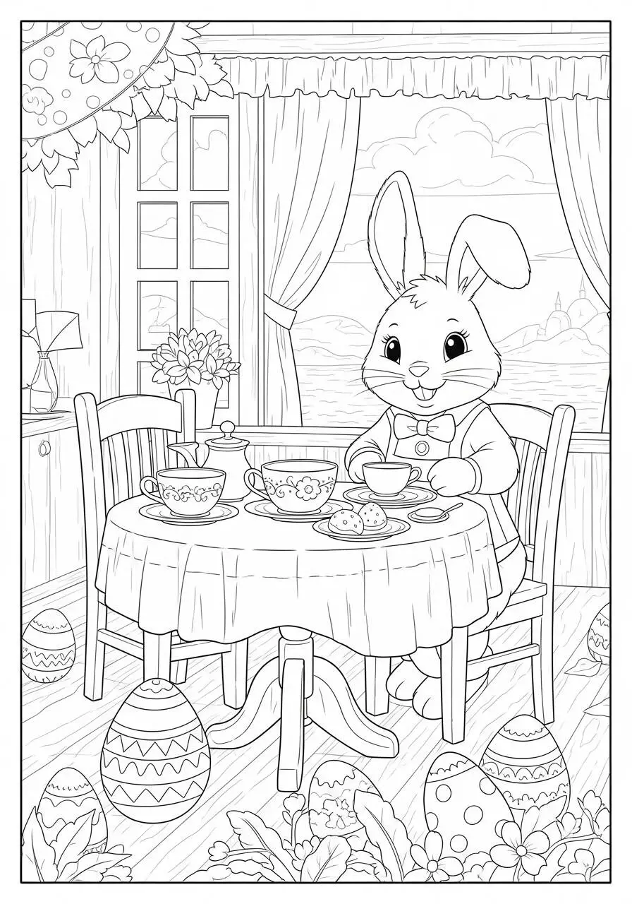 Desenho de Páscoa com Coelhinho Tomando Chá para Colorir