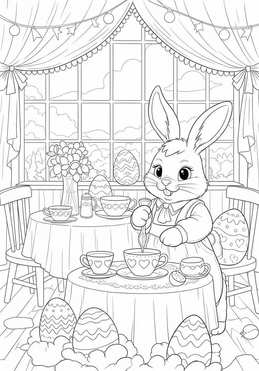Desenho de Páscoa com Coelhinho Tomando Chá para Colorir