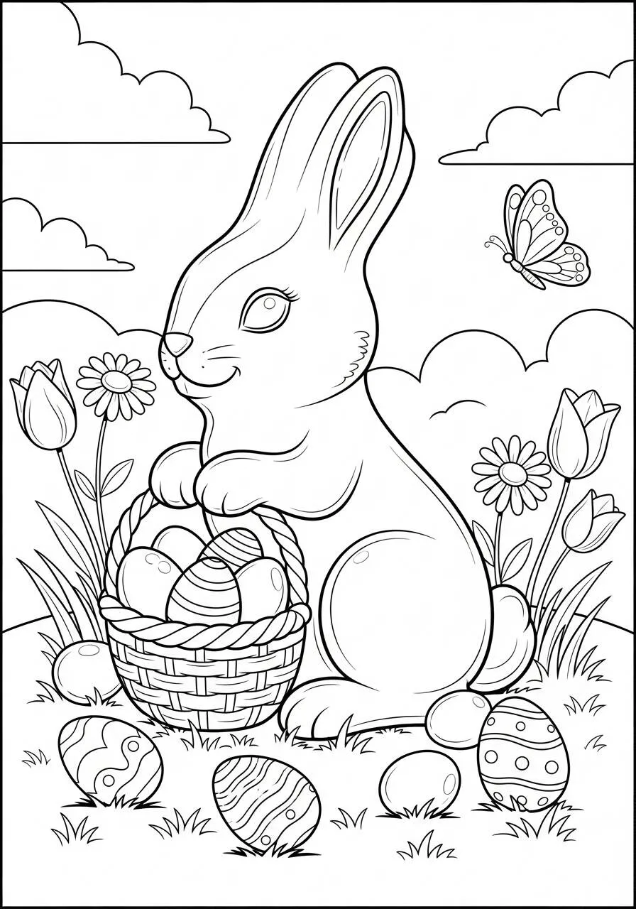 Desenho de Páscoa com Coelhinho e Cesta de Ovos para Colorir