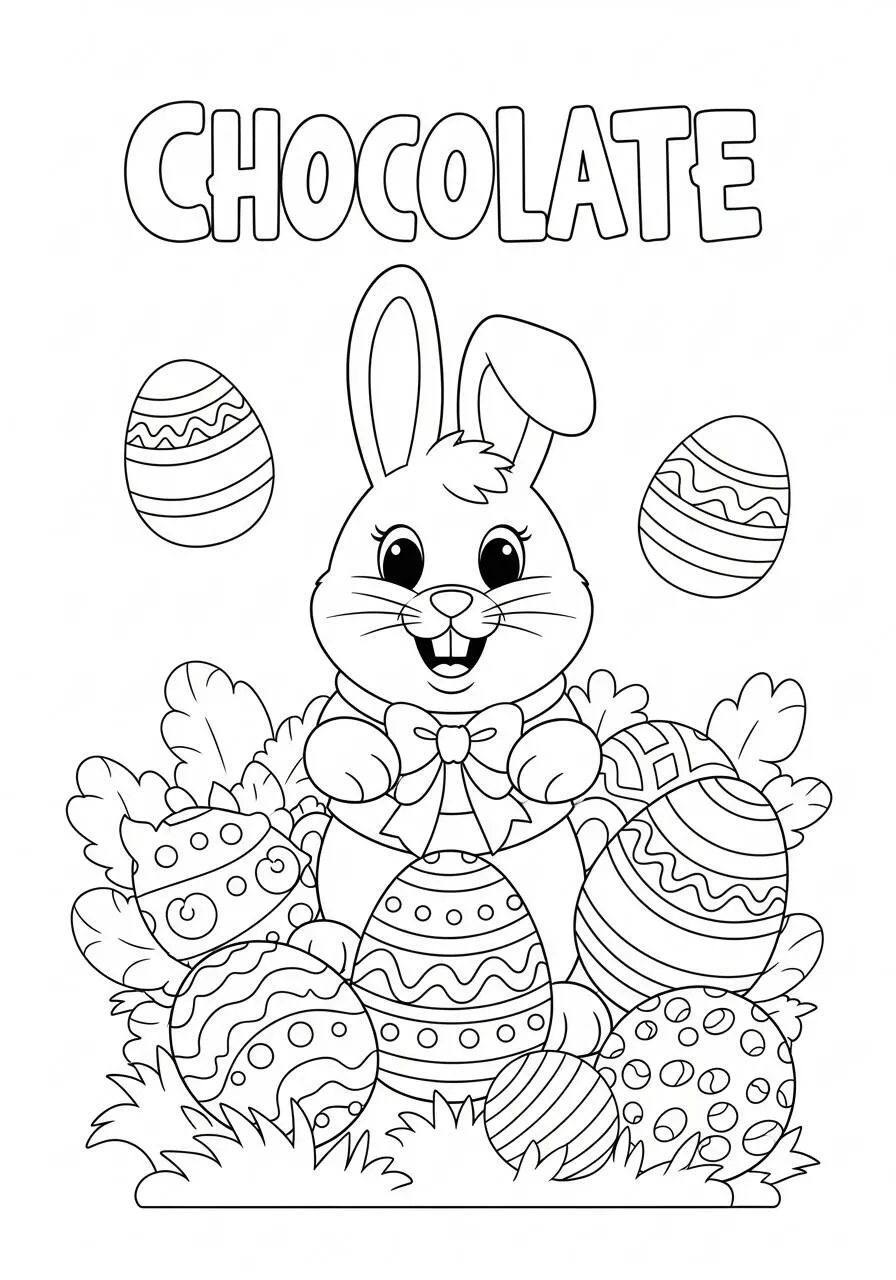 Desenho de Páscoa com Coelhinho e Ovos de Chocolate para Colorir