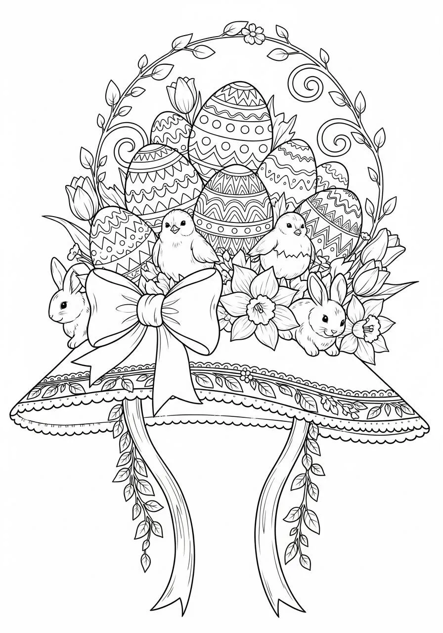 Desenho de Páscoa com Chapéu Decorado e Ovos para Colorir