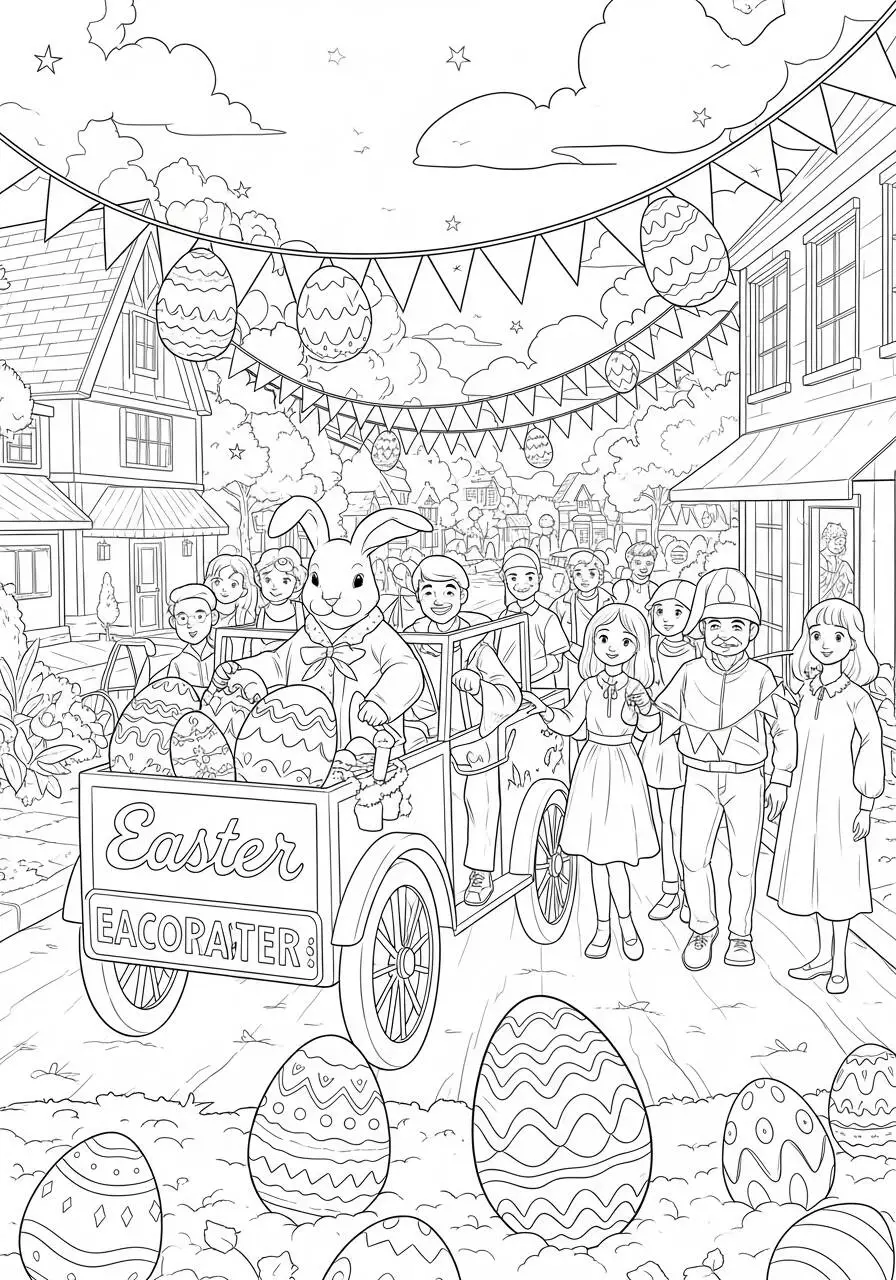 Desenho de Páscoa com Coelhinho e Carro de Ovos para Colorir