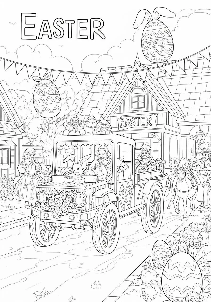 Desenho de Páscoa com Coelhinho e Caminhão de Ovos para Colorir