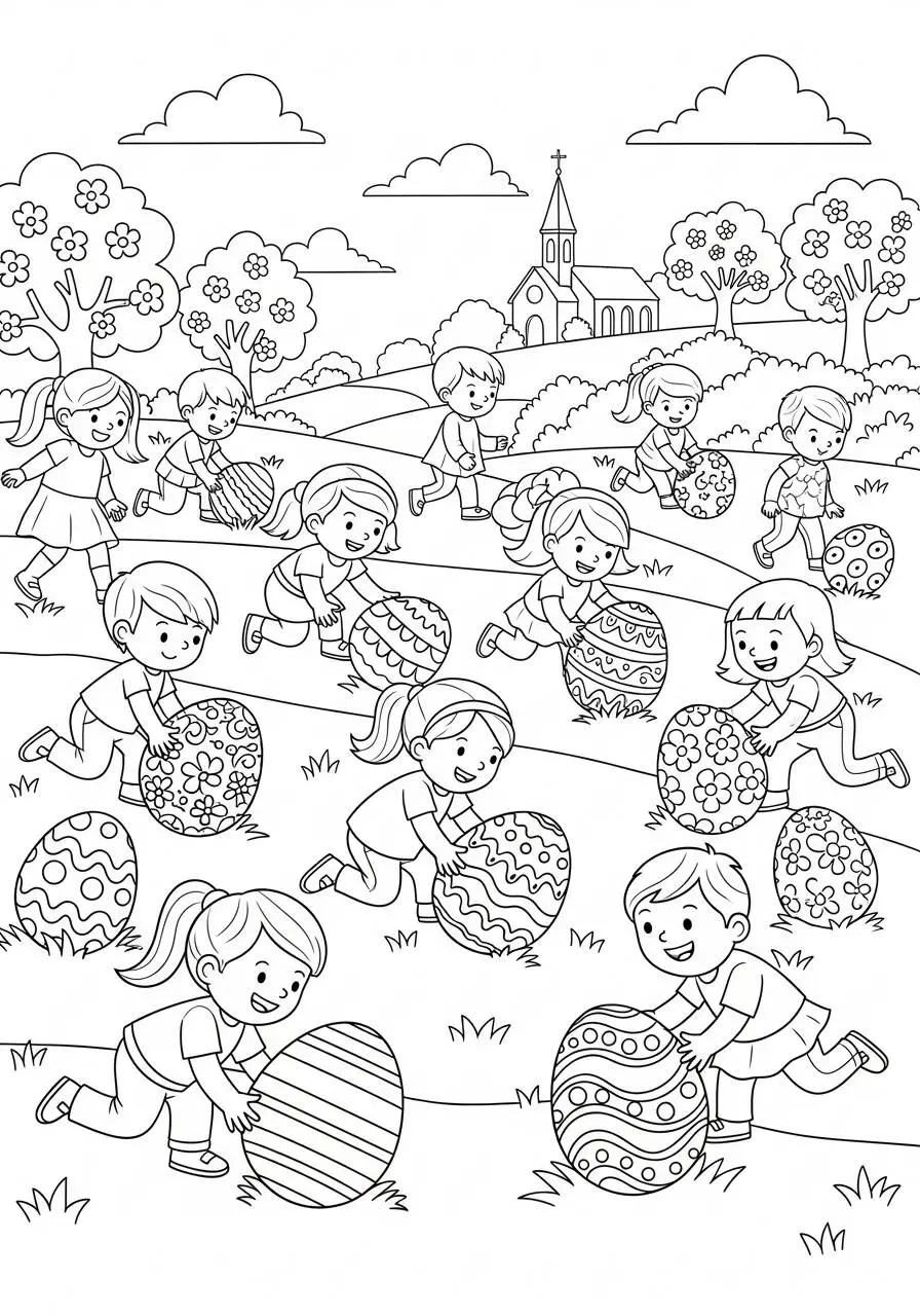 Desenho de Páscoa com Crianças Brincando com Ovos Decorados para Colorir