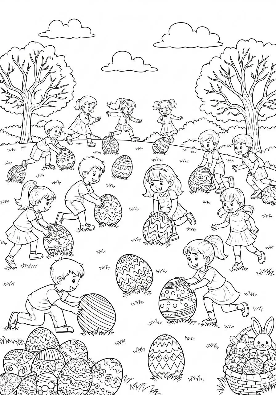 Desenho de Páscoa com Crianças Caçando Ovos para Colorir