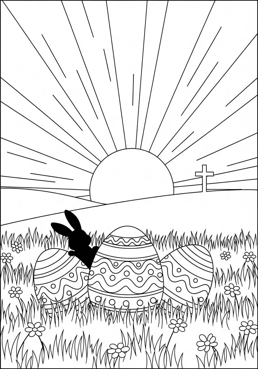 Desenho de Páscoa com Coelhinho e Ovos Decorados ao Amanhecer para Colorir