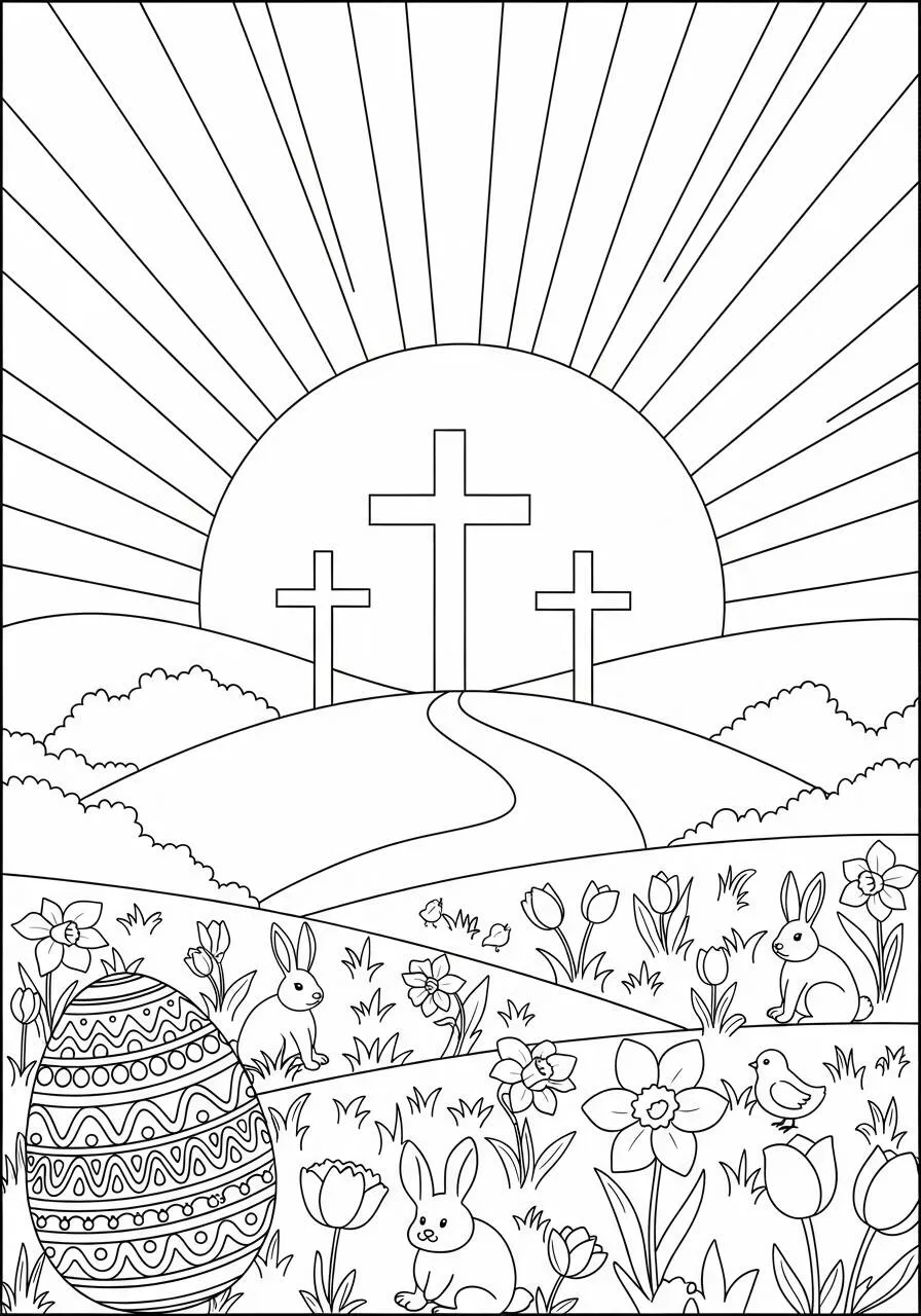 Desenho de Páscoa com Cruz e Coelhinhos para Colorir
