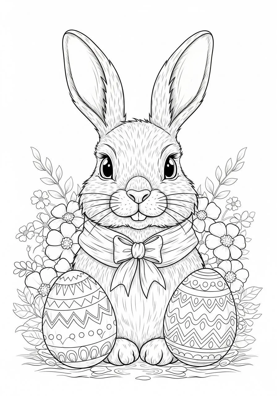 Desenho de Páscoa com Coelhinho e Ovos Decorados para Colorir