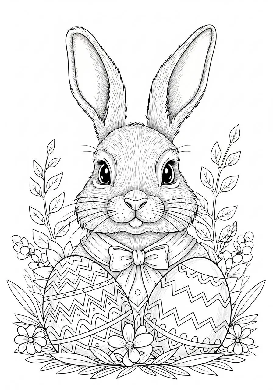 Desenho de Páscoa com Coelhinho e Ovos Decorados para Colorir