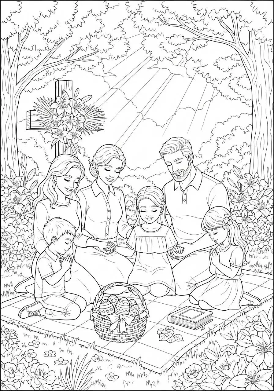 Desenho de Páscoa com Família e Cesto de Ovos para Colorir