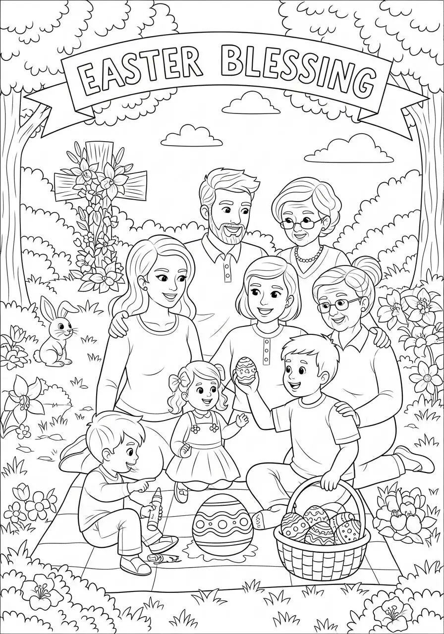 Desenho de Páscoa com Família e Cesta de Ovos para Colorir