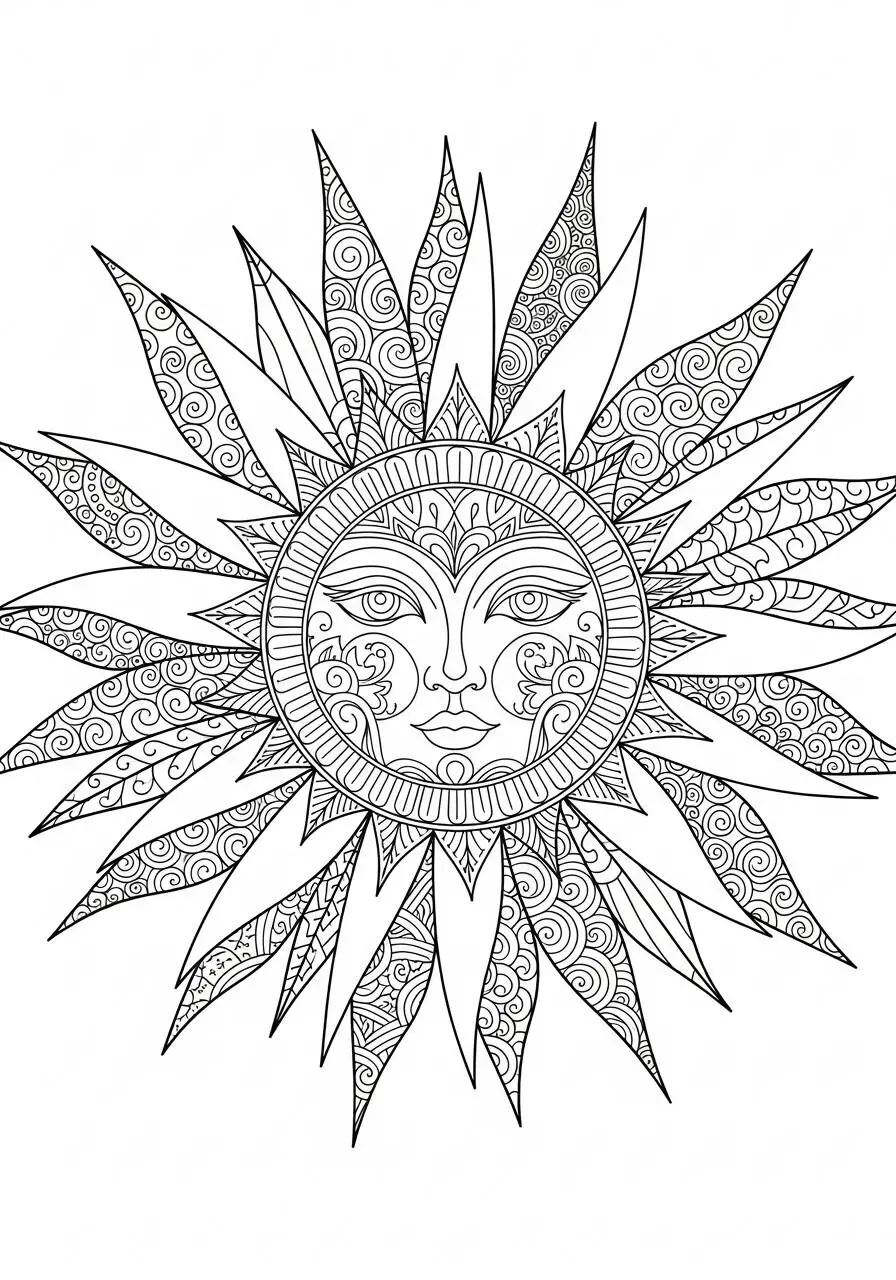 Solar Mandala with Face Coloring Page