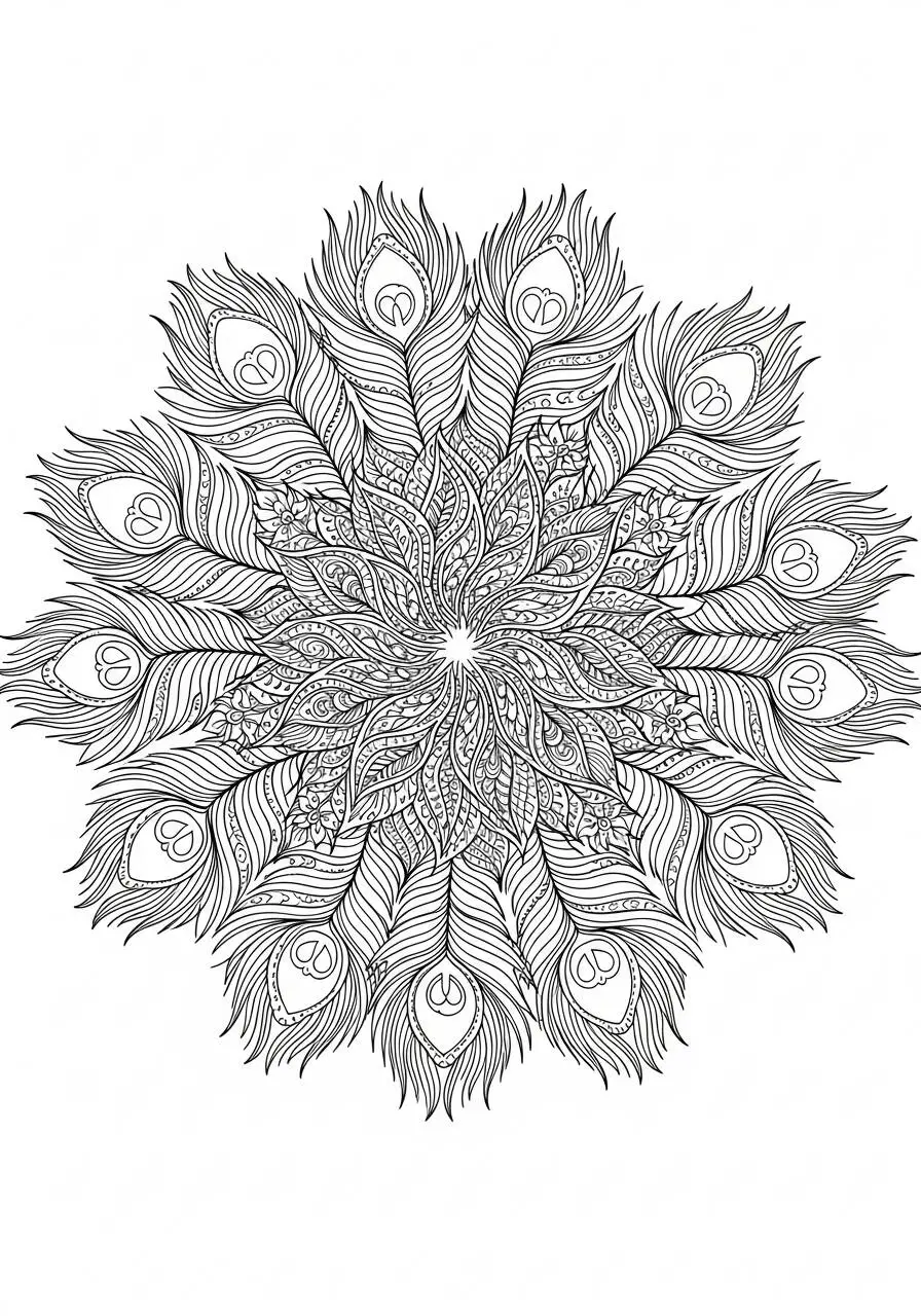 Mandala with Feather Pattern Coloring Page