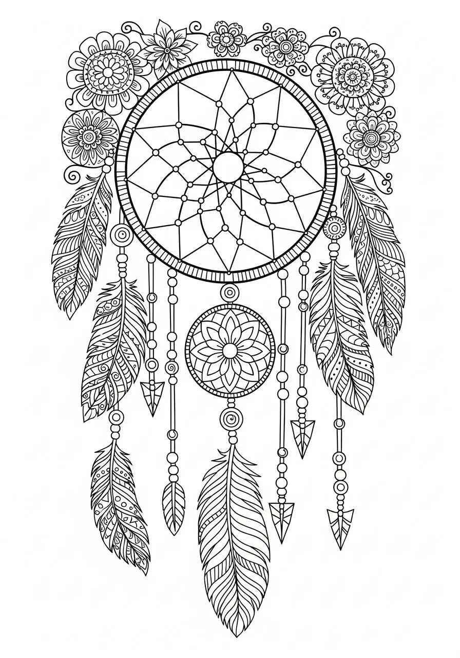 Mandala with Feathers and Flowers Coloring Page