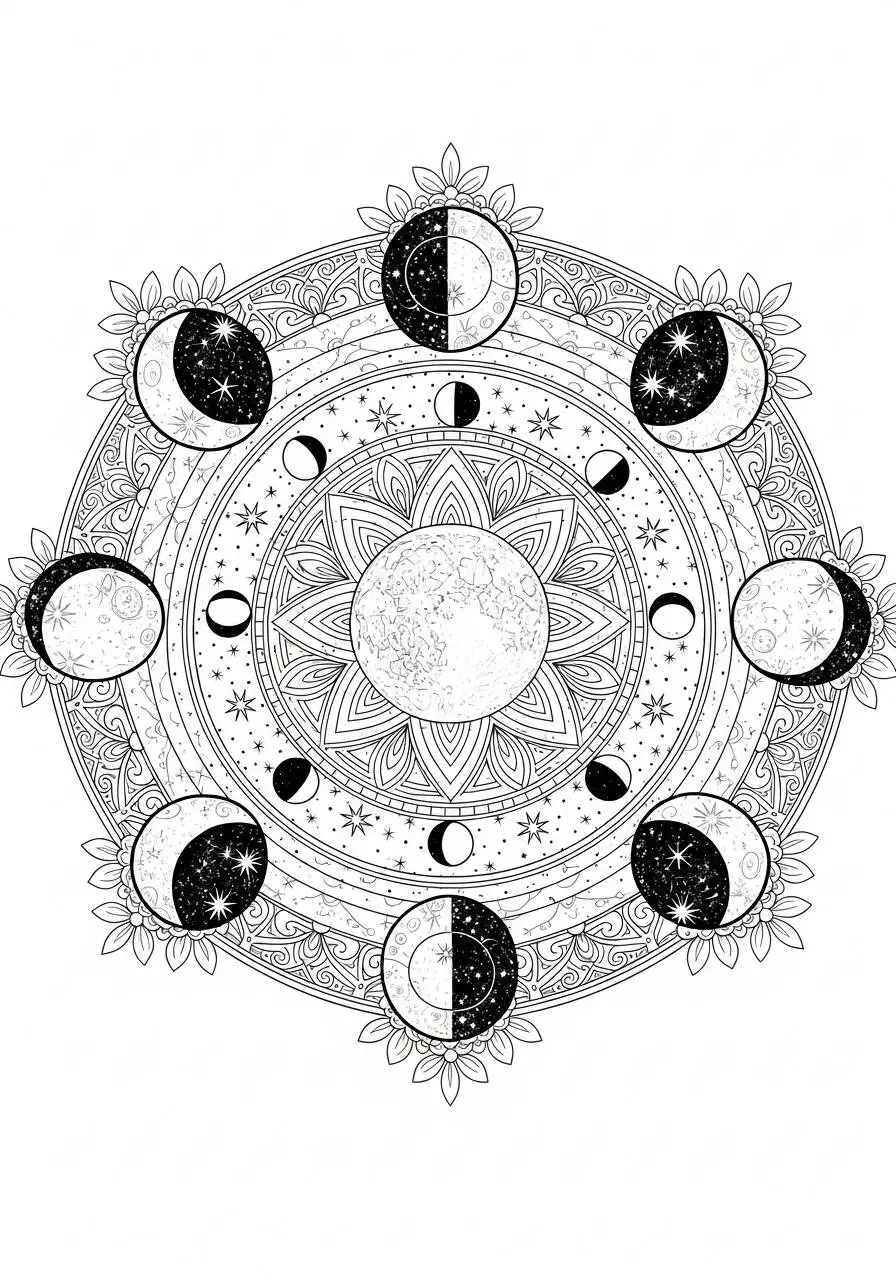 Mandala Drawing with Phases of the Moon to Color