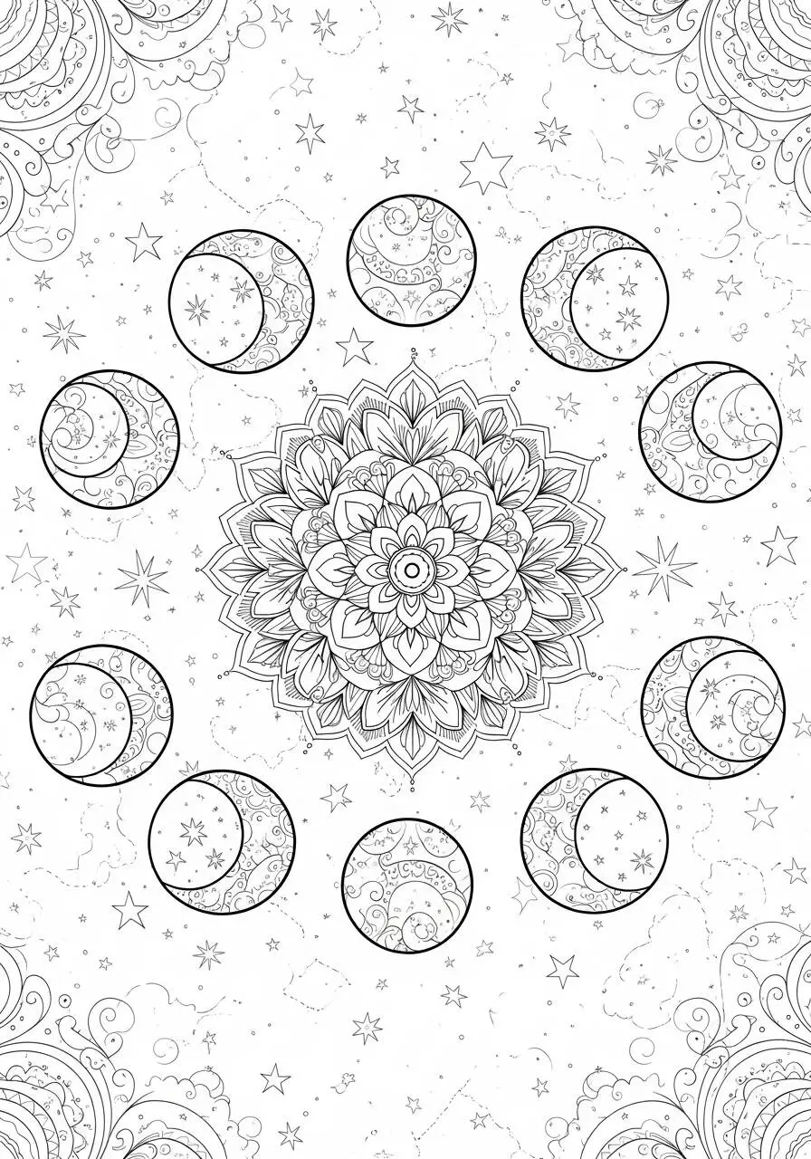 Mandala Drawing with Phases of the Moon to Color