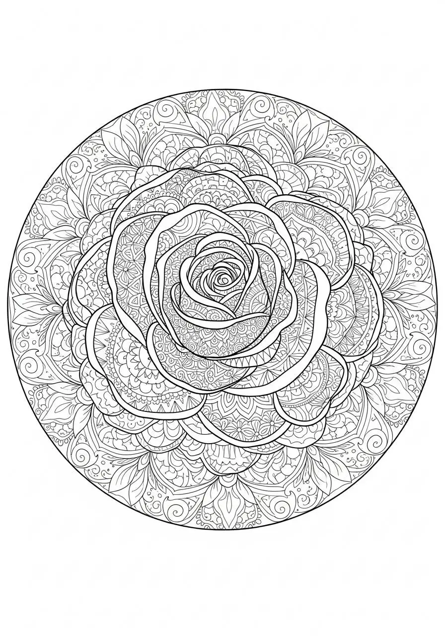 Mandala with Rose in the Center Coloring Page