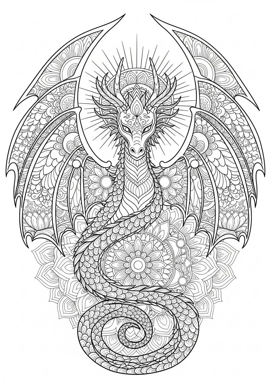 Mandala with Mystical Dragon Coloring Page