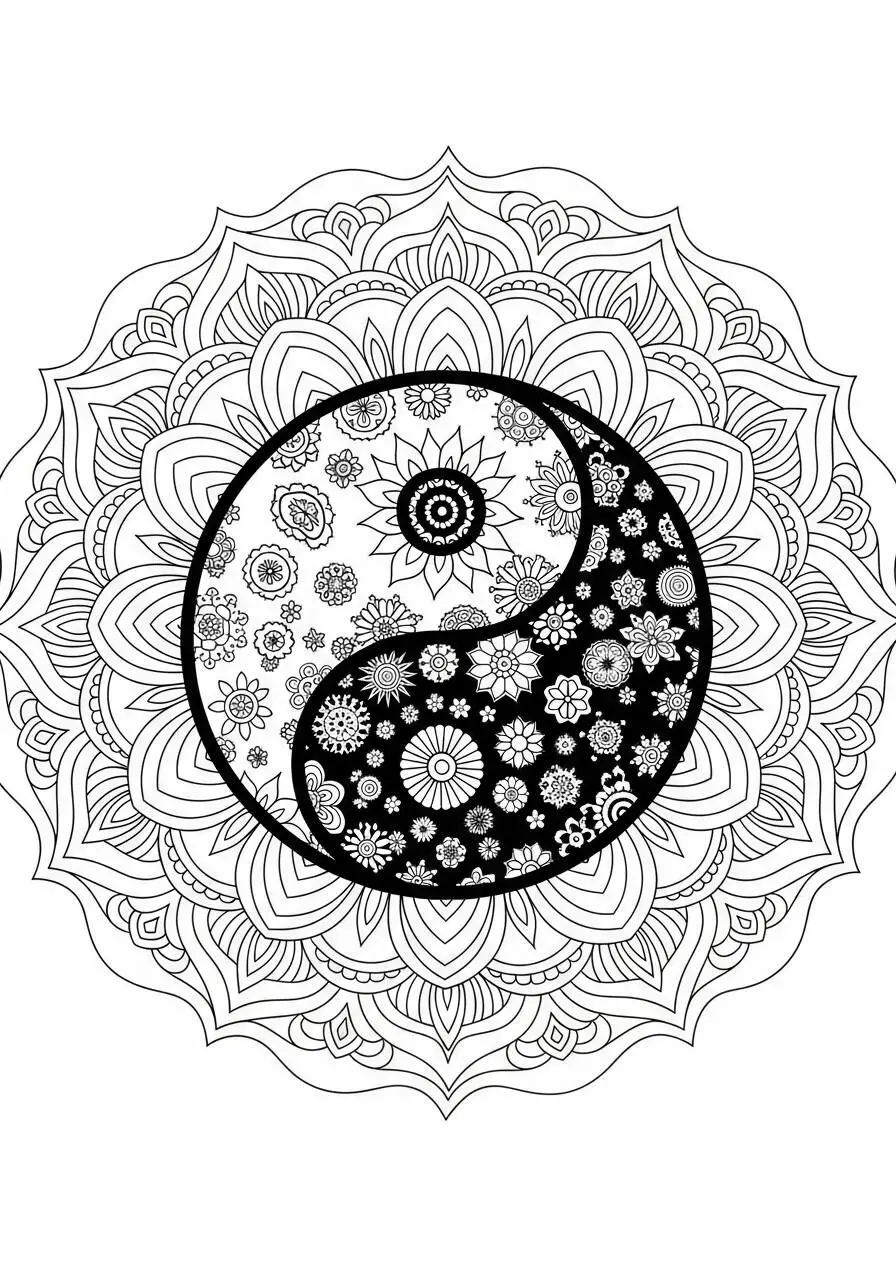 Floral Yin Yang Mandala Coloring Page