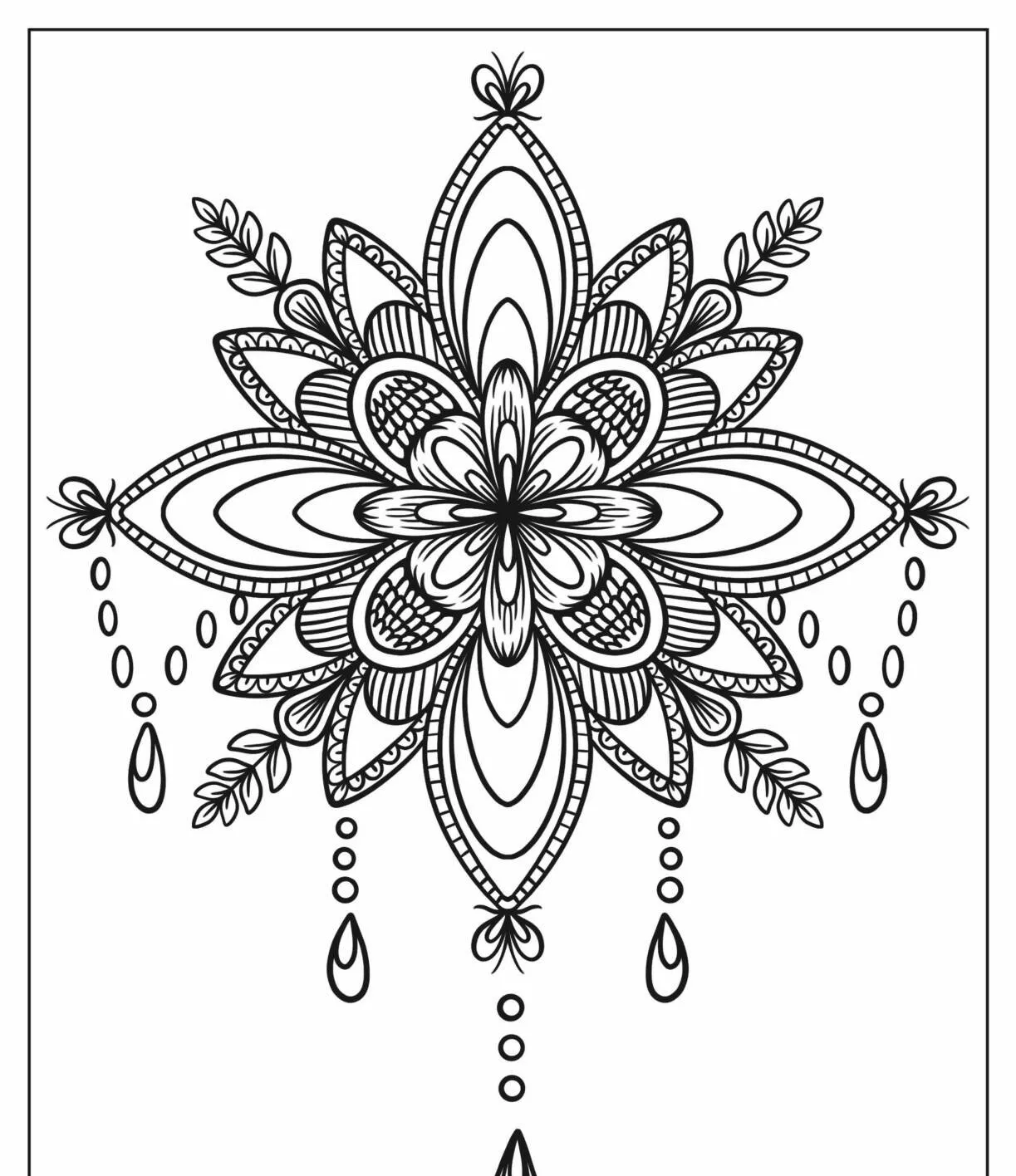 Floral Mandala Drawing with Drop Details to Color