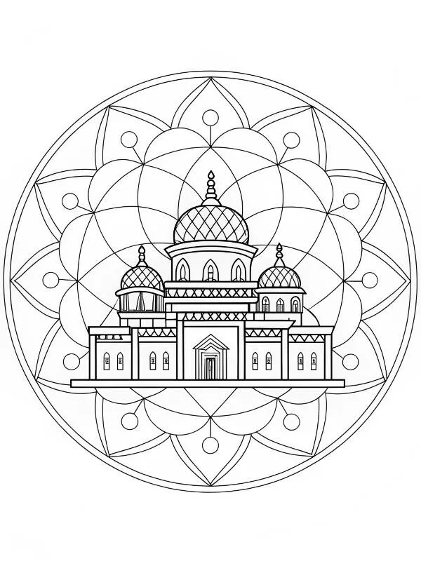Mandala with Temple in the Center Coloring Page