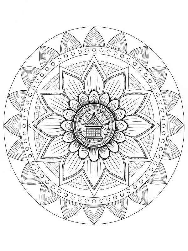 Desenho de Mandala com Flor e Casa no Centro para Colorir