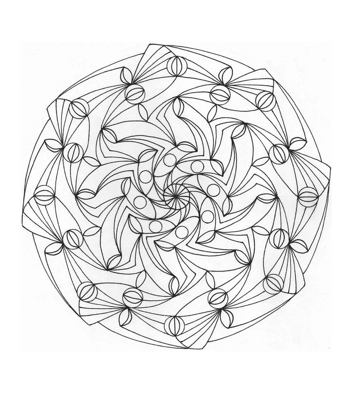Desenho de Mandala Espiral com Padrões Geométricos para Colorir