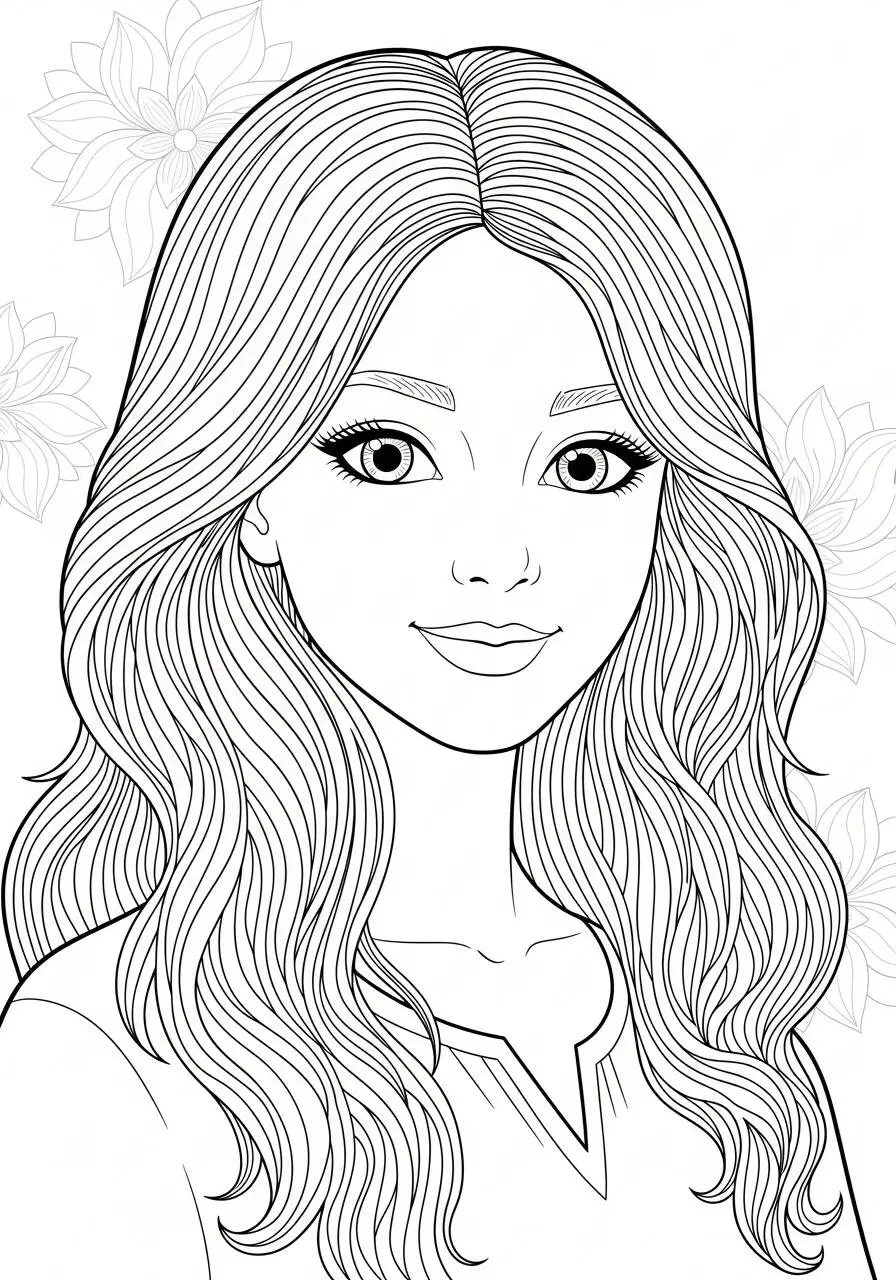 Drawing for Yorng Girl with Flowers to Color