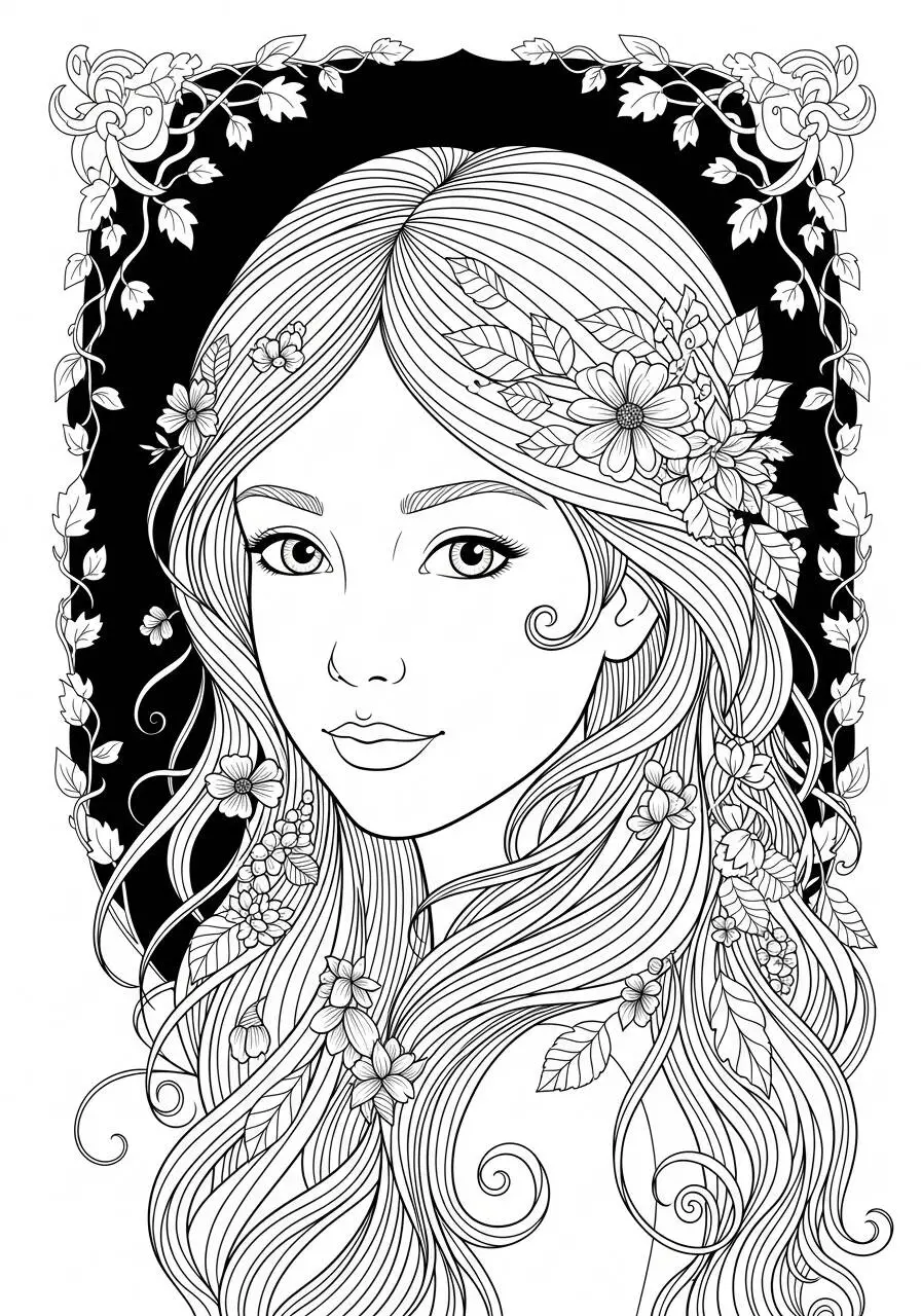 Coloring Page for Girl with Flowers in her Hair