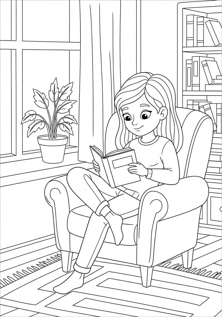 Girl Reading in Armchair Coloring Page
