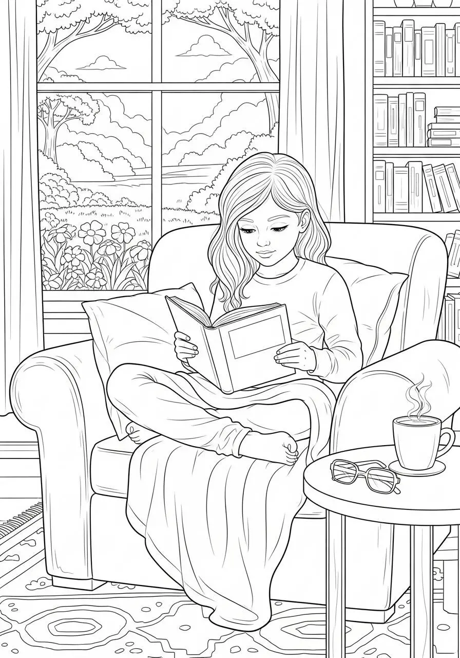 Girl Reading in Armchair Coloring Page