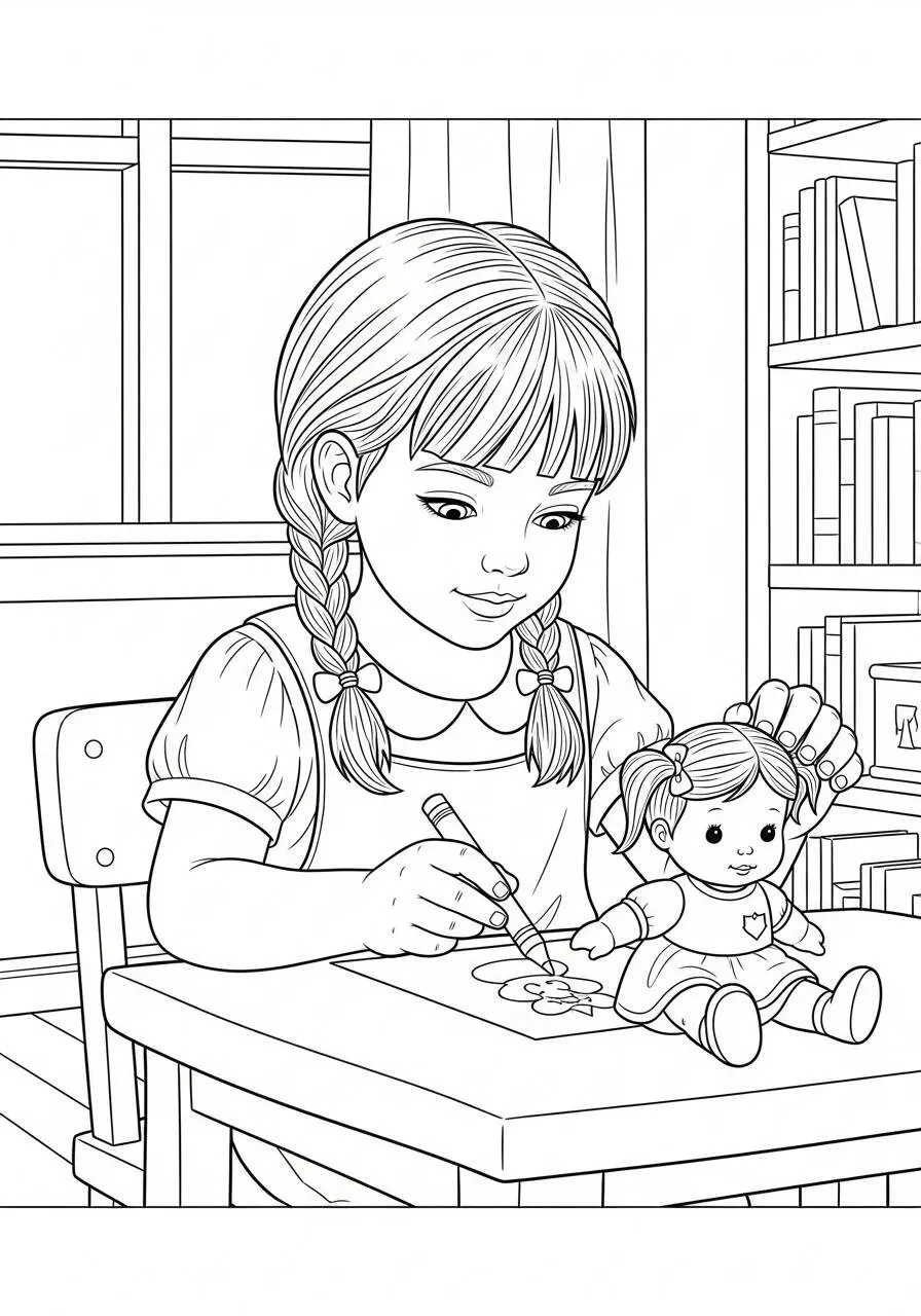 Girl Painting with Doll Coloring Page