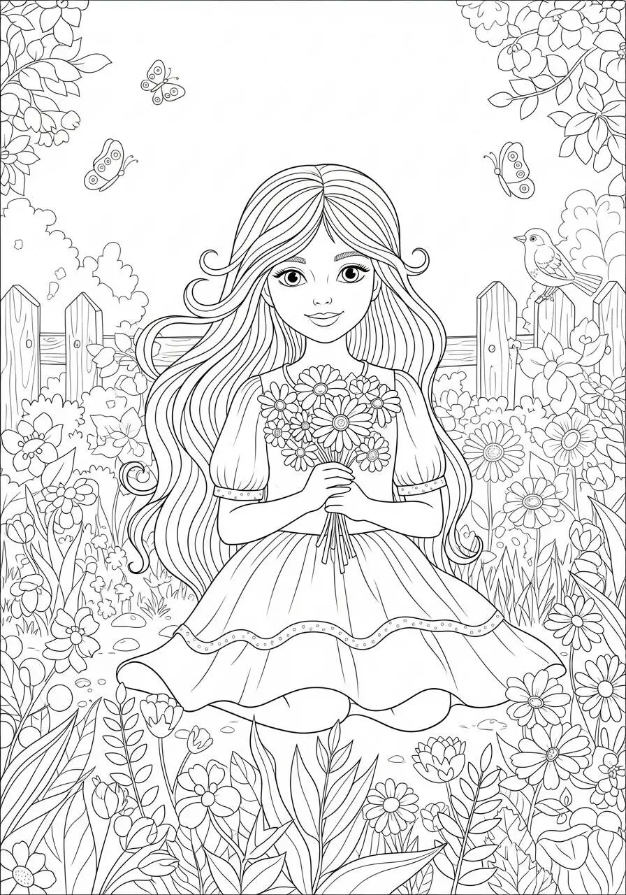 Girl with Flowers in the Garden Coloring Page