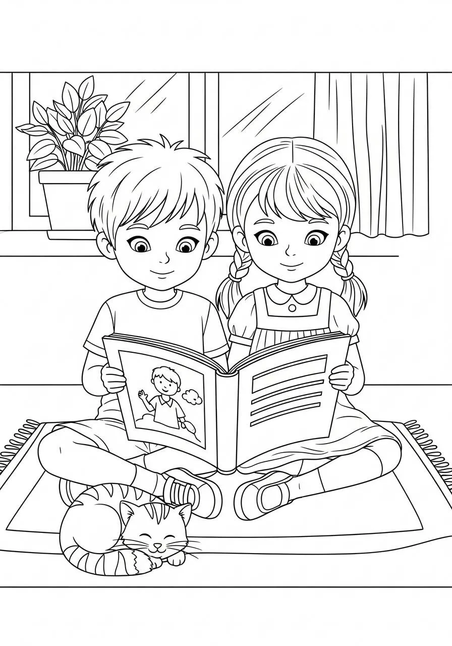 Desenho de Menino e Menina Lendo Livro para Colorir