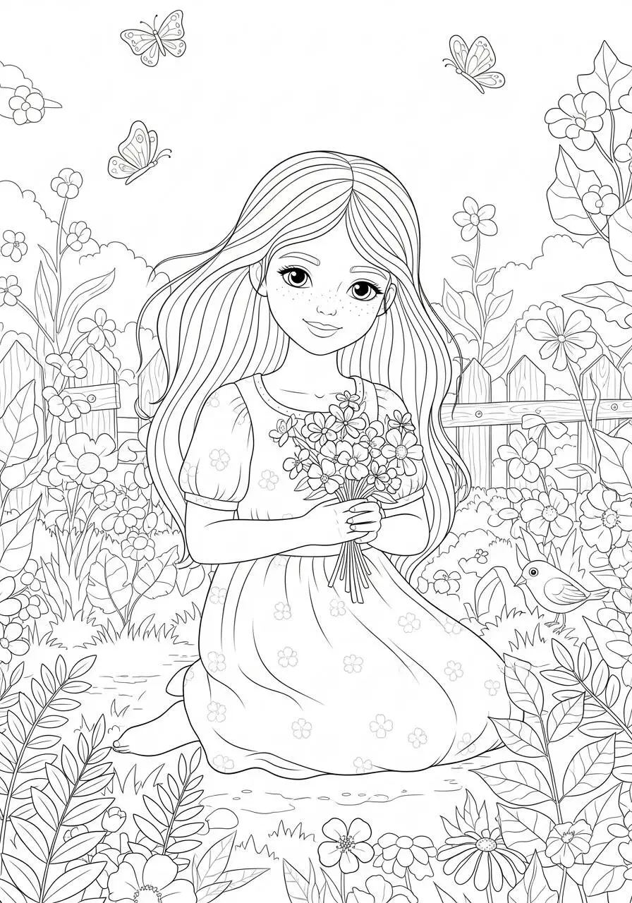 Girl with Flowers and Butterflies Coloring Page