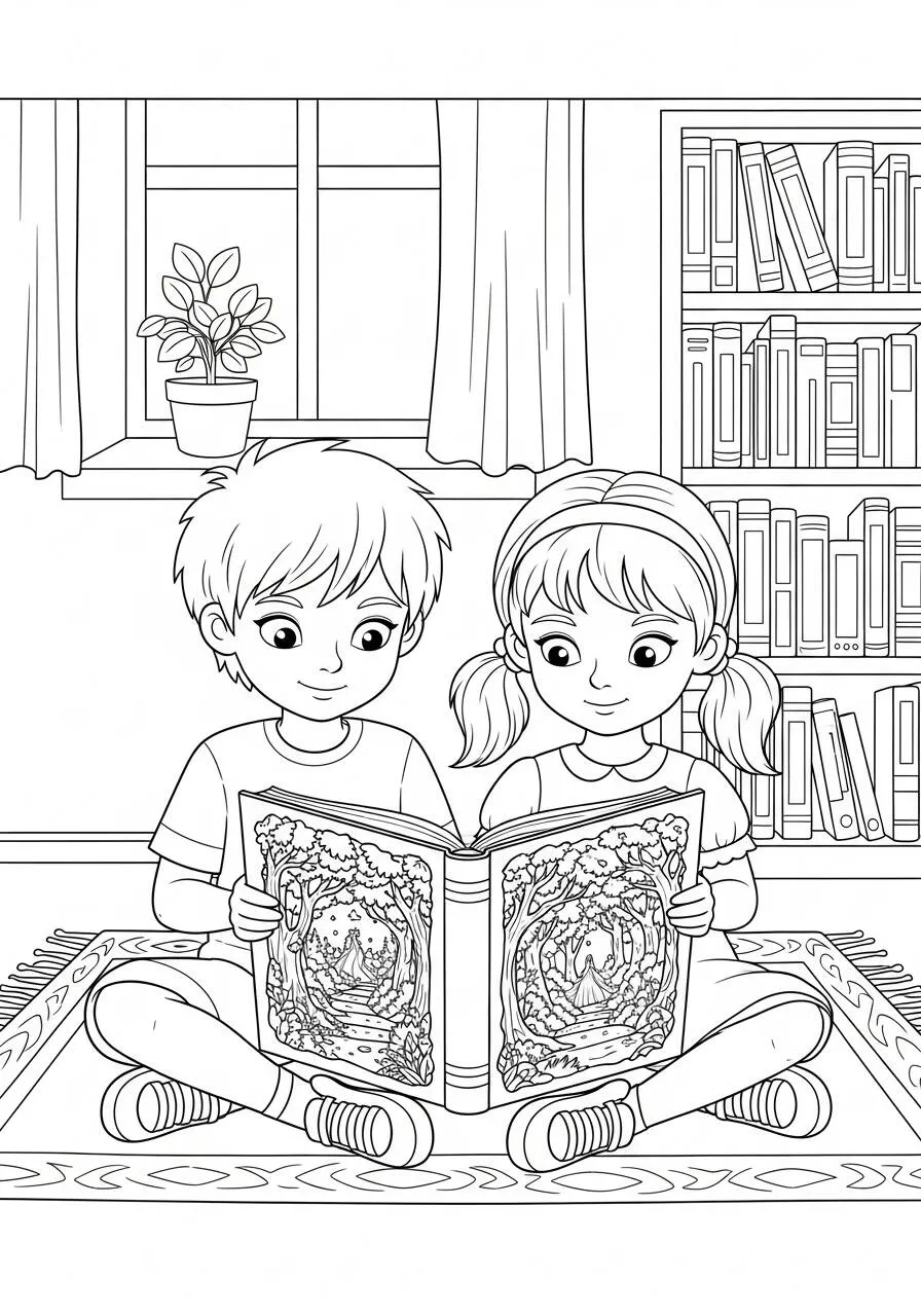 Desenho de Menino e Menina Lendo Livro para Colorir