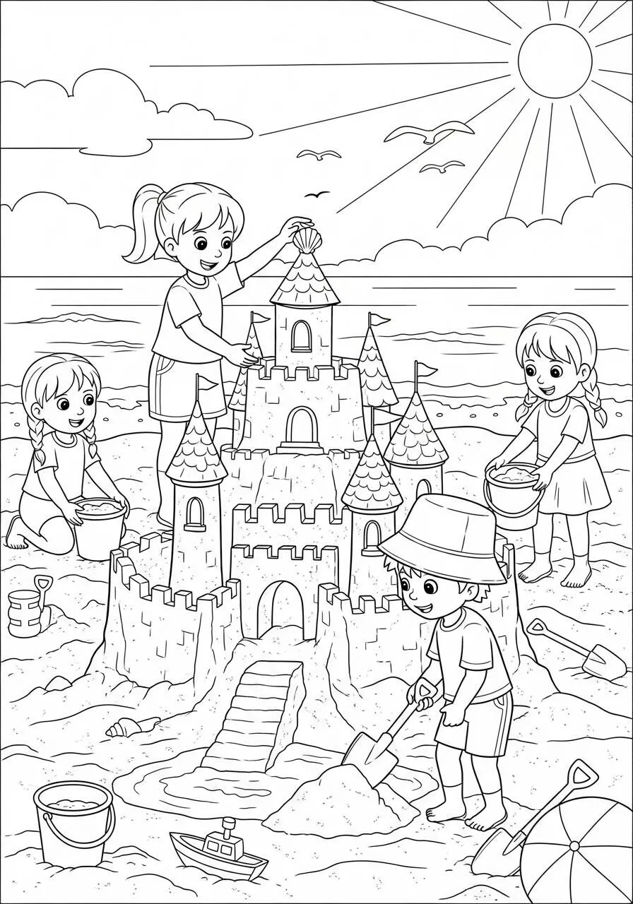 Desenho para Meninos de Castelo de Areia na Praia para Colorir
