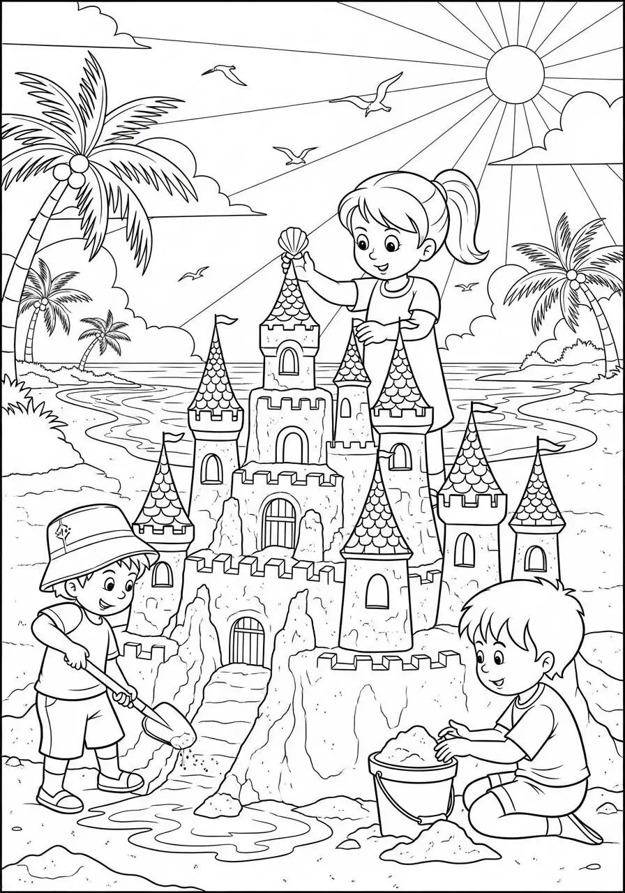 Desenho para Meninos de Castelo de Areia na Praia para Colorir