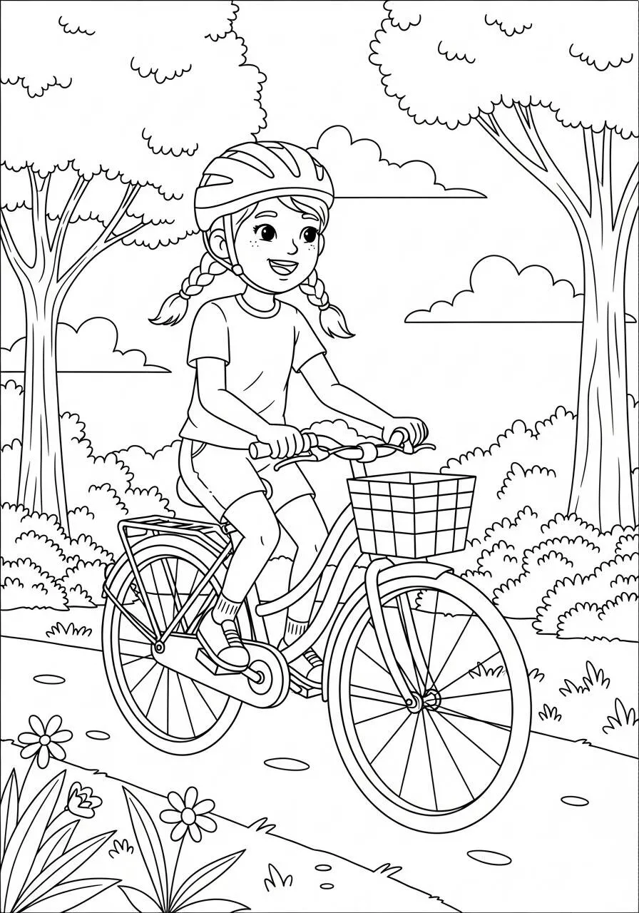 Girl Riding a Bicycle in the Park Coloring Page