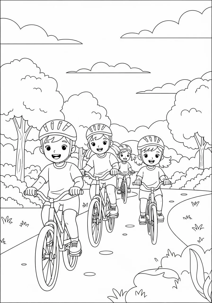 Desenho de Menino Andando de Bicicleta na Natureza para Colorir