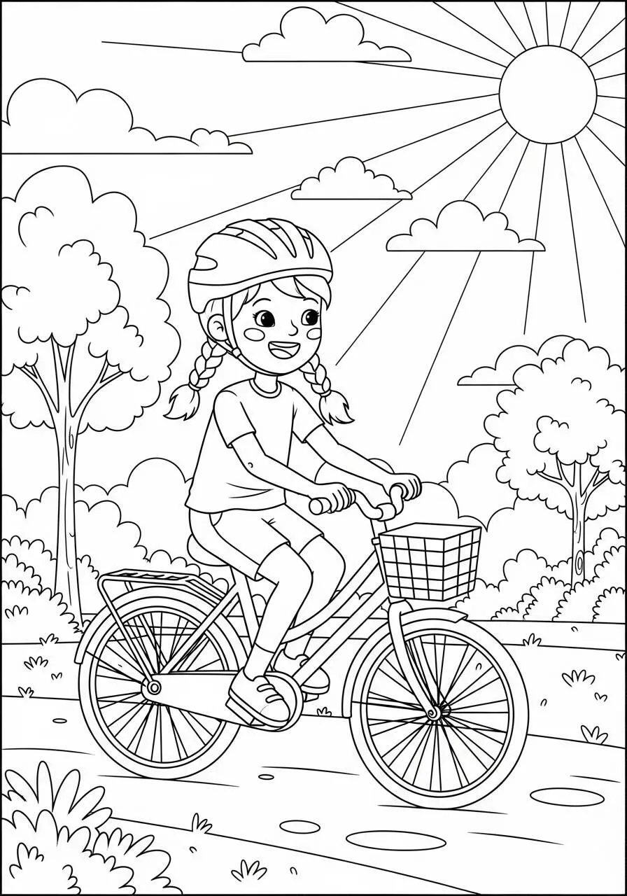 Girl Riding a Bicycle in the Park Coloring Page