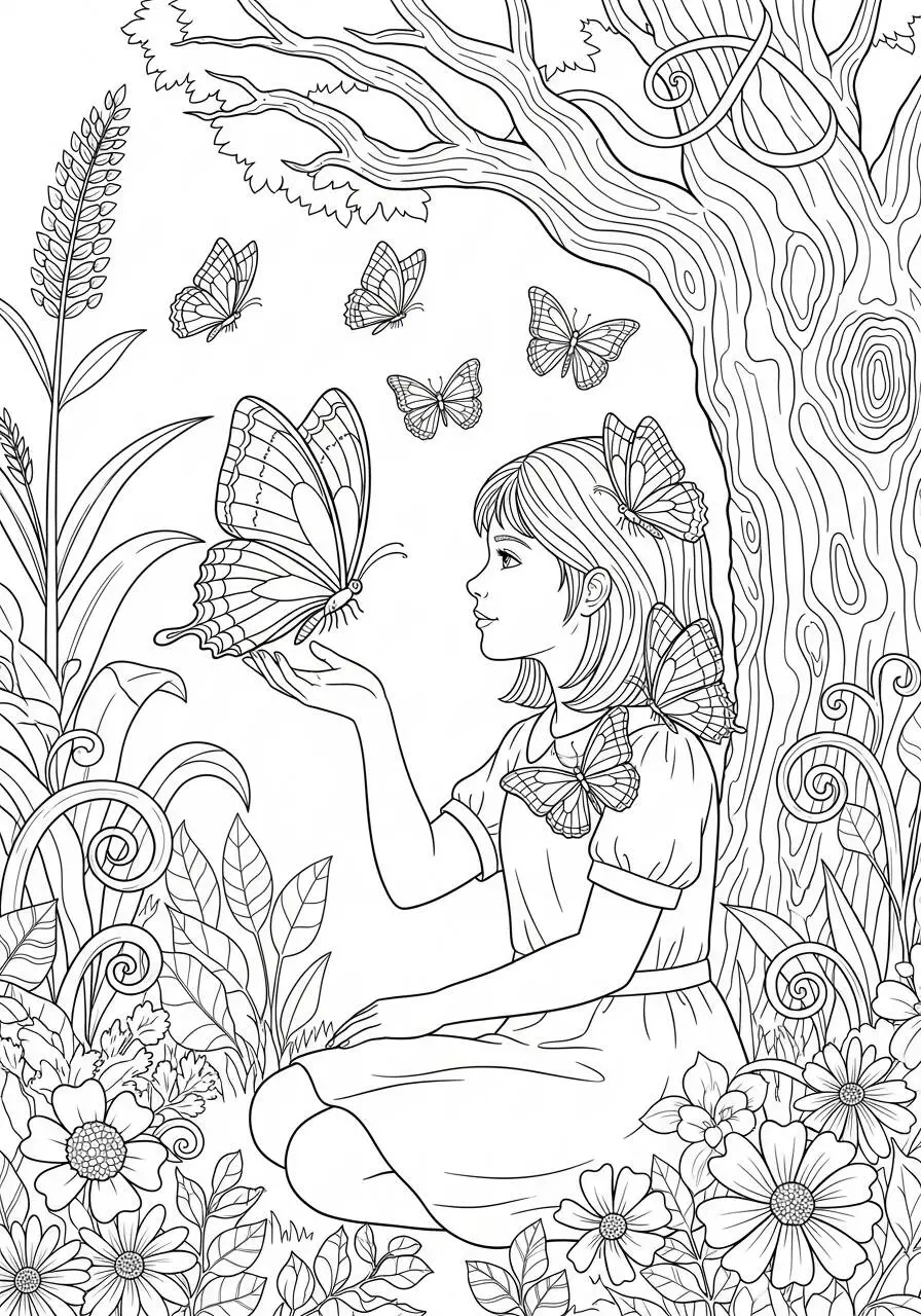 Girl with Butterflies in the Garden Coloring Page