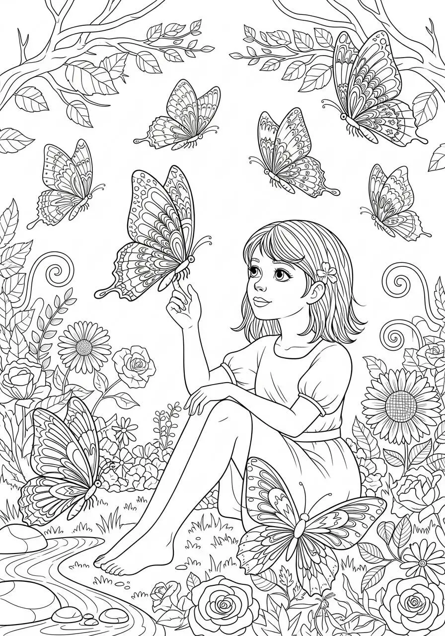 Desenho de Menina com Borboletas e Flores para Colorir