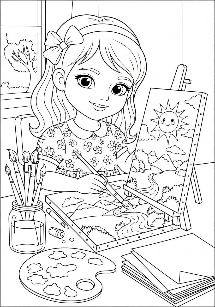 Desenho para Menina Pintando com Pincéis para Colorir