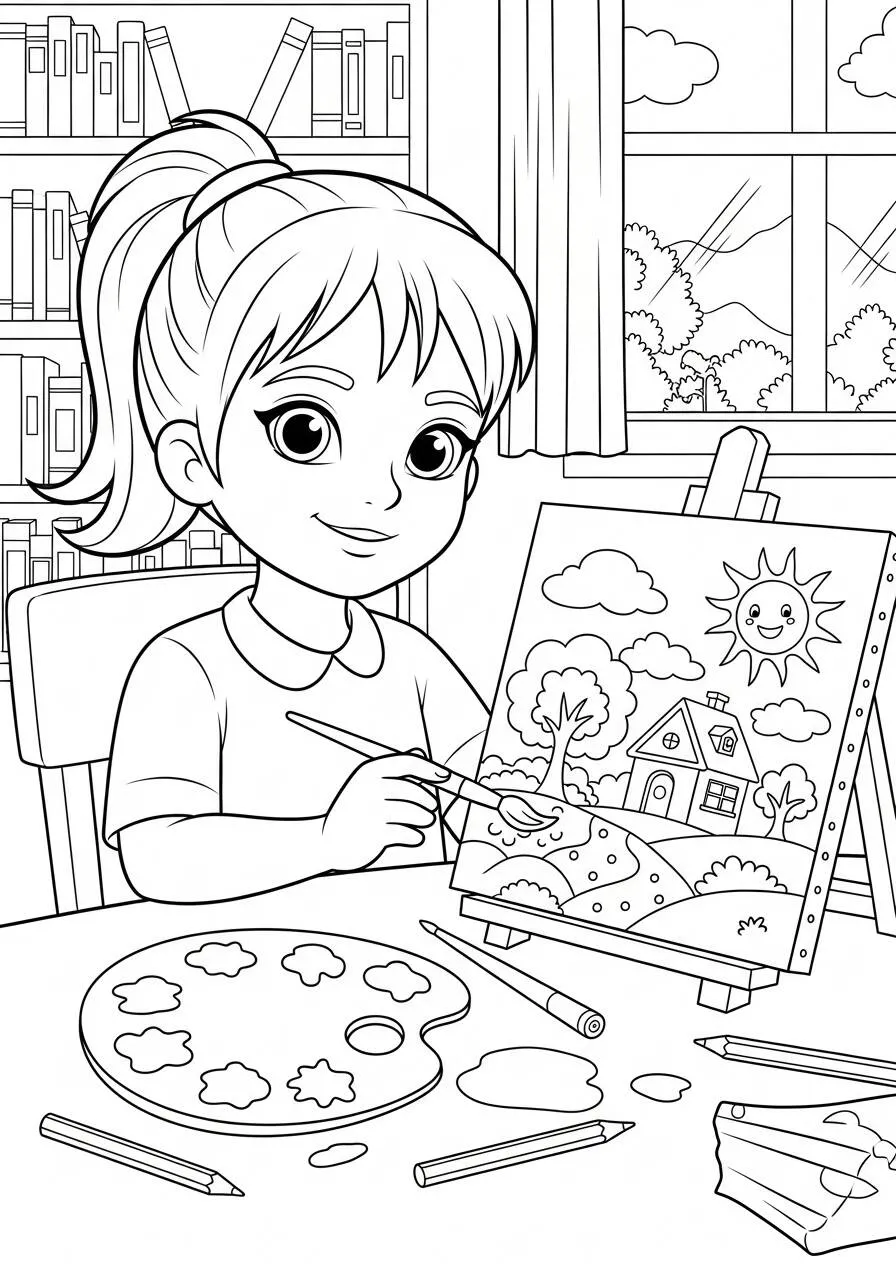 Desenho para Menina Pintando Quadro na Sala para Colorir
