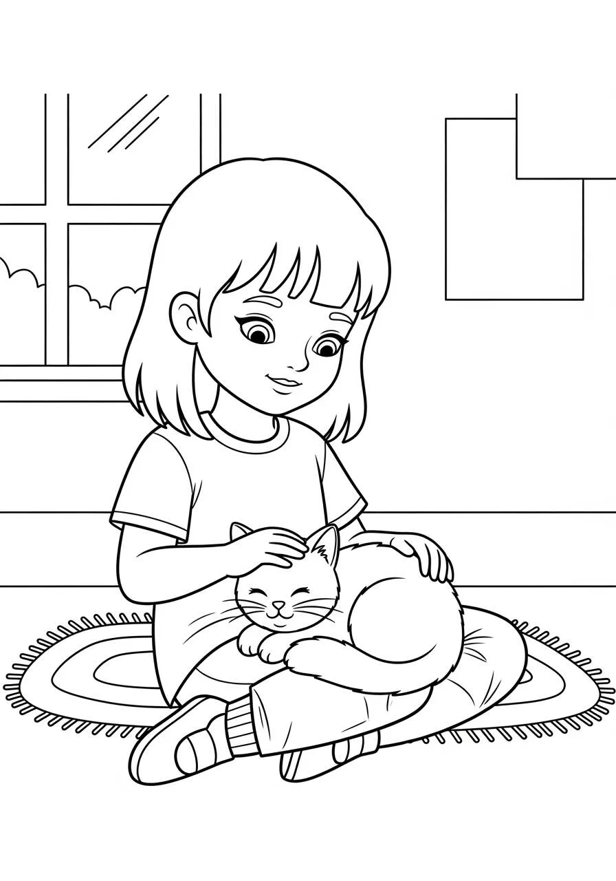 Desenho de Menina com Gatinho no Tapete para Colorir