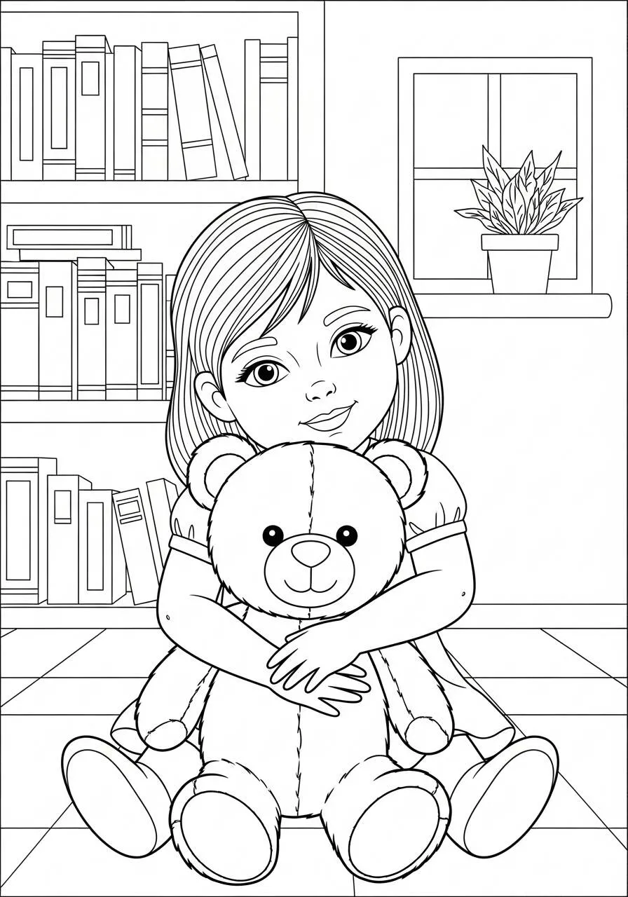 Boy with Teddy Bear Coloring Page