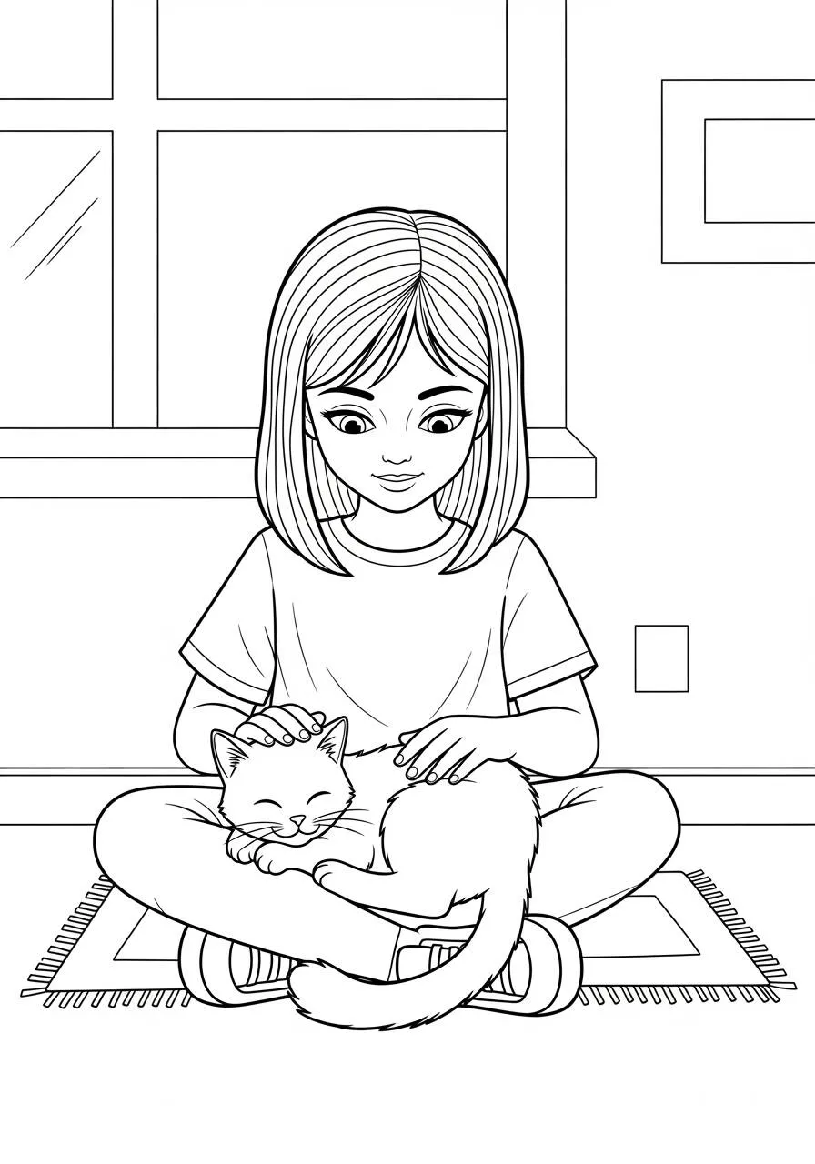 Desenho de Menina com Gatinho no Tapete para Colorir