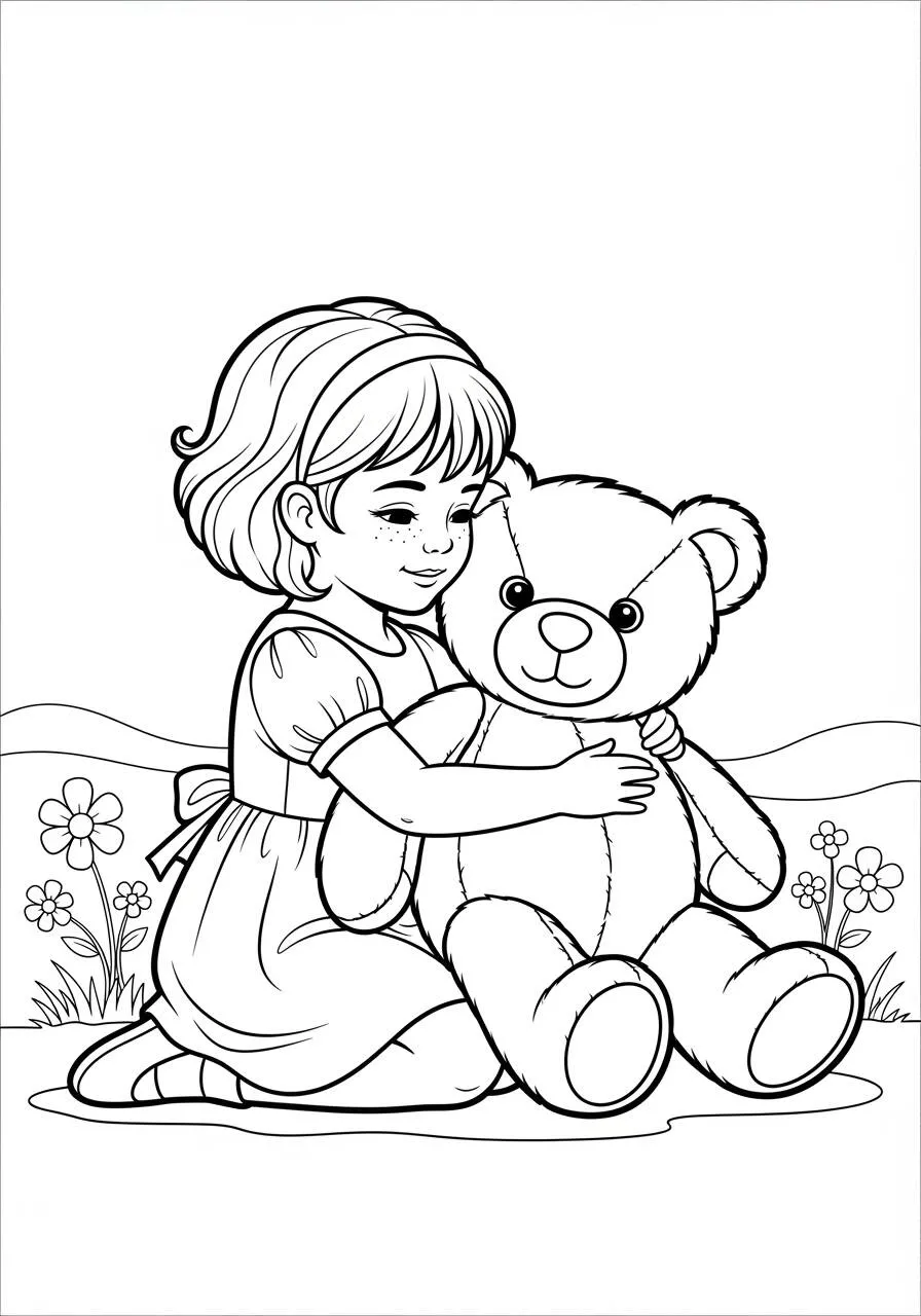 Boy with Teddy Bear Coloring Page