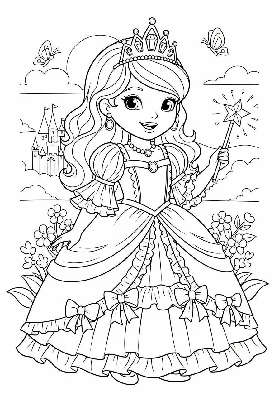 Desenho para Menina de Princesa com Varinha Mágica para Colorir